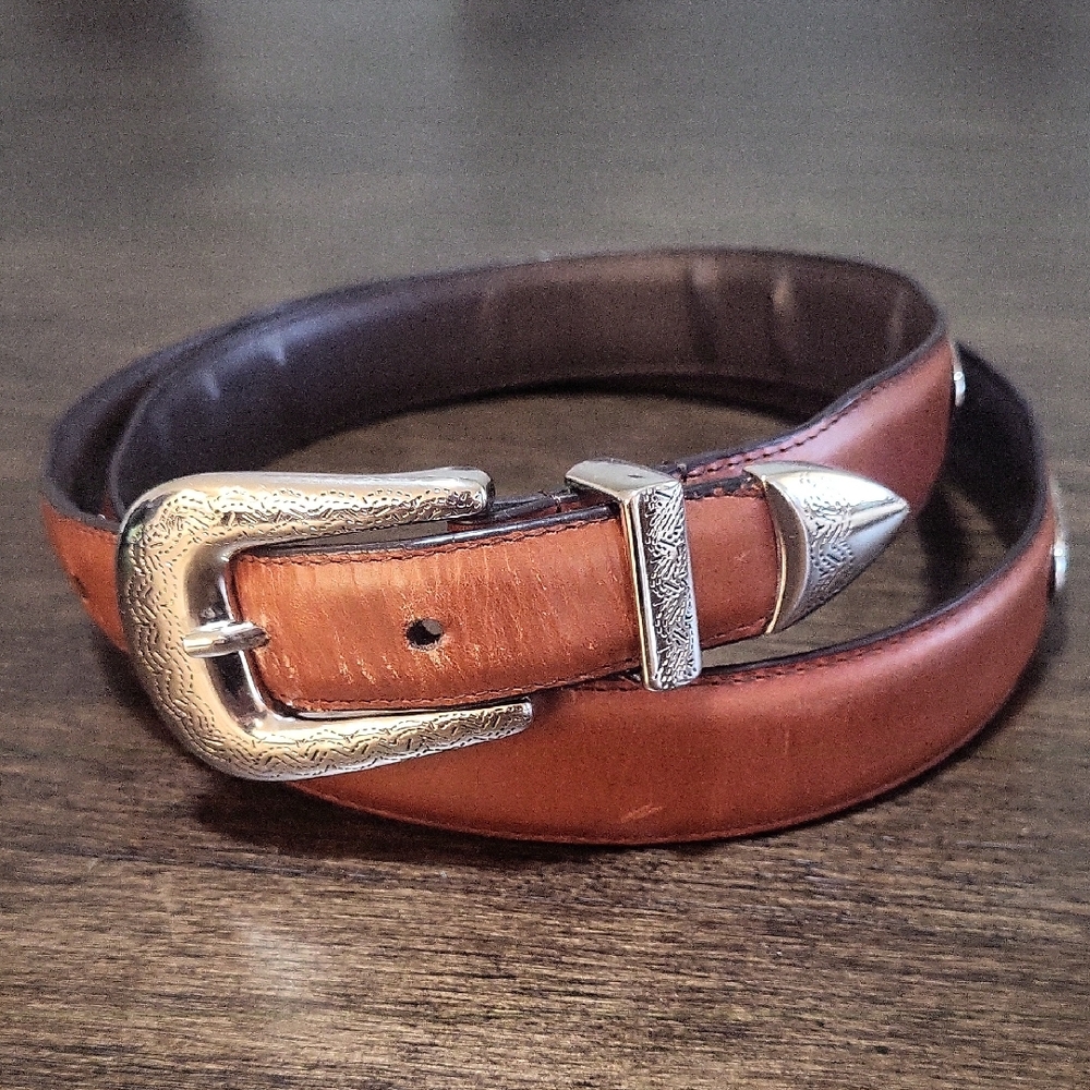 Brown Leather Belt with Silver Buckle & Decoratice Silver Embellishments